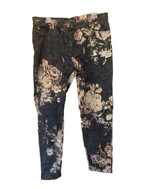 Peruvian Connection Canvas Skinny Pants with Black Vintage Floral Print Size 14